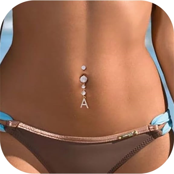 Turandoss 14G Initial Belly Button Rings for Women 14K Gold Plated Round Cz Letter A-Z Pendant Belly Rings Dangle Navel Barbell Body Piercing Jewelry Gift for Women