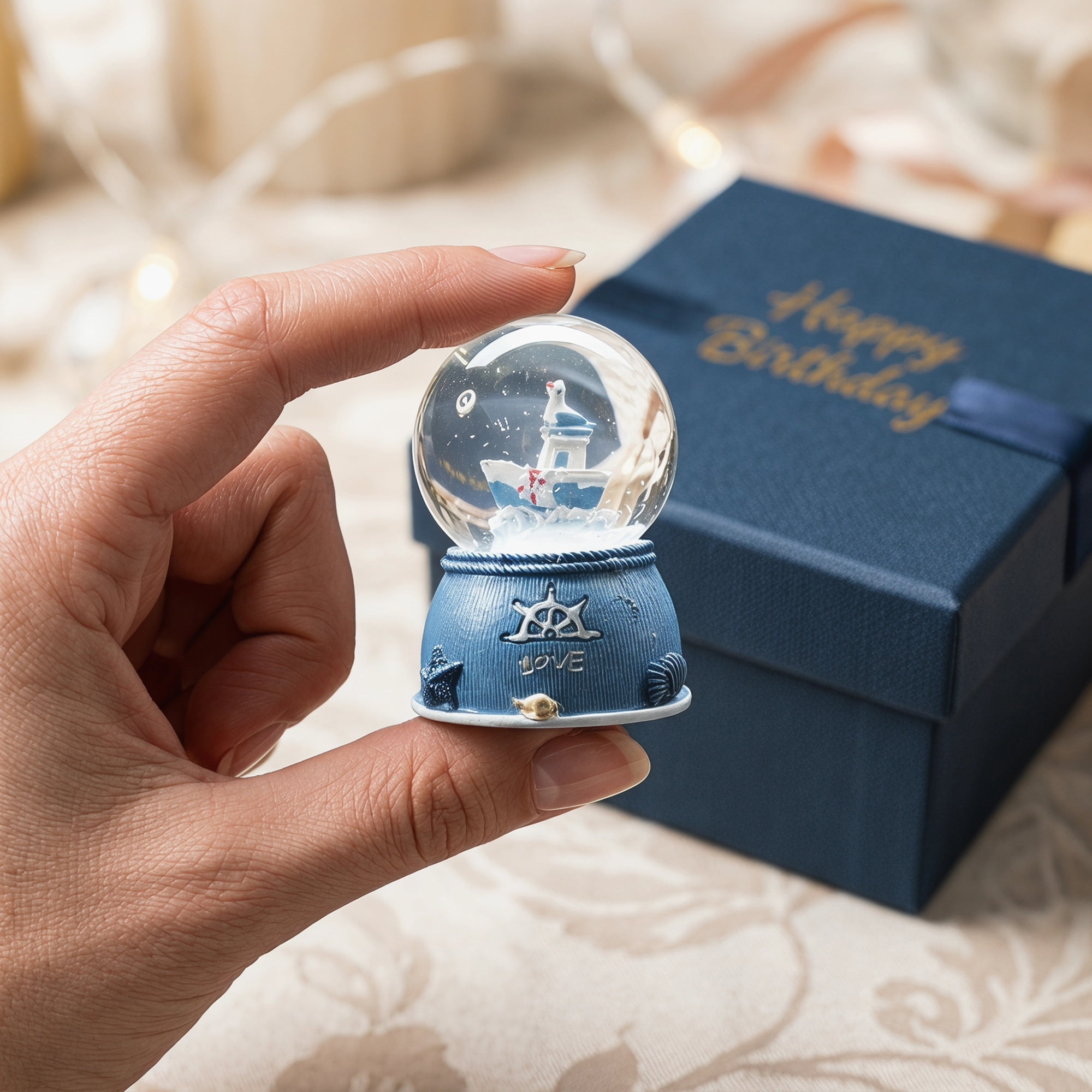 Unique Bargains LED Crystal Ball Mini Resin Figurine Snow Globe Blue 1.8" x 1.8" x 2.7"