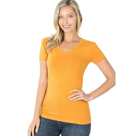 V-Neck Short Sleeve T Shirt Plain Solid Top Stretchy Cotton Tee