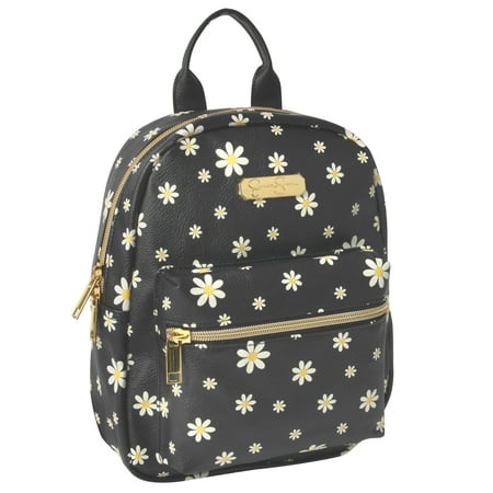 Jessica Simpson Mini Waterproof Vegan Leather Backpack for Women, Teens and Girls for Work, School, Recreation, Commuting & Traveling in Black Flowers