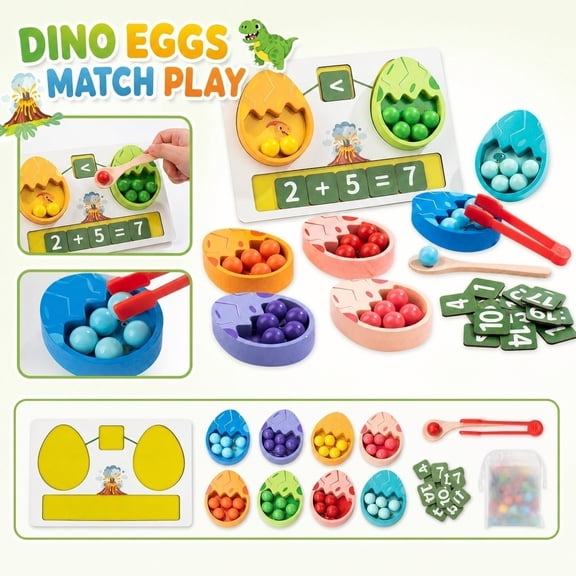 Dinosaur Counting Toys for Toddlers 3-5, Montessori Arithmetic Math Game Set, Color Sorting Toy with Beads, Math Board, Number Blocks and Clamp - Preschool Toy for Boys Girls Ages 3 