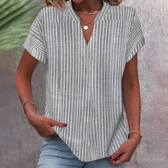 Women's Short Sleeve V Neck Stripe Tops Shirts Blouses for Casual Daily Wear Business Office Vacation Outfits Fashion Essential Gift for Women | Aestivo,Gray L
