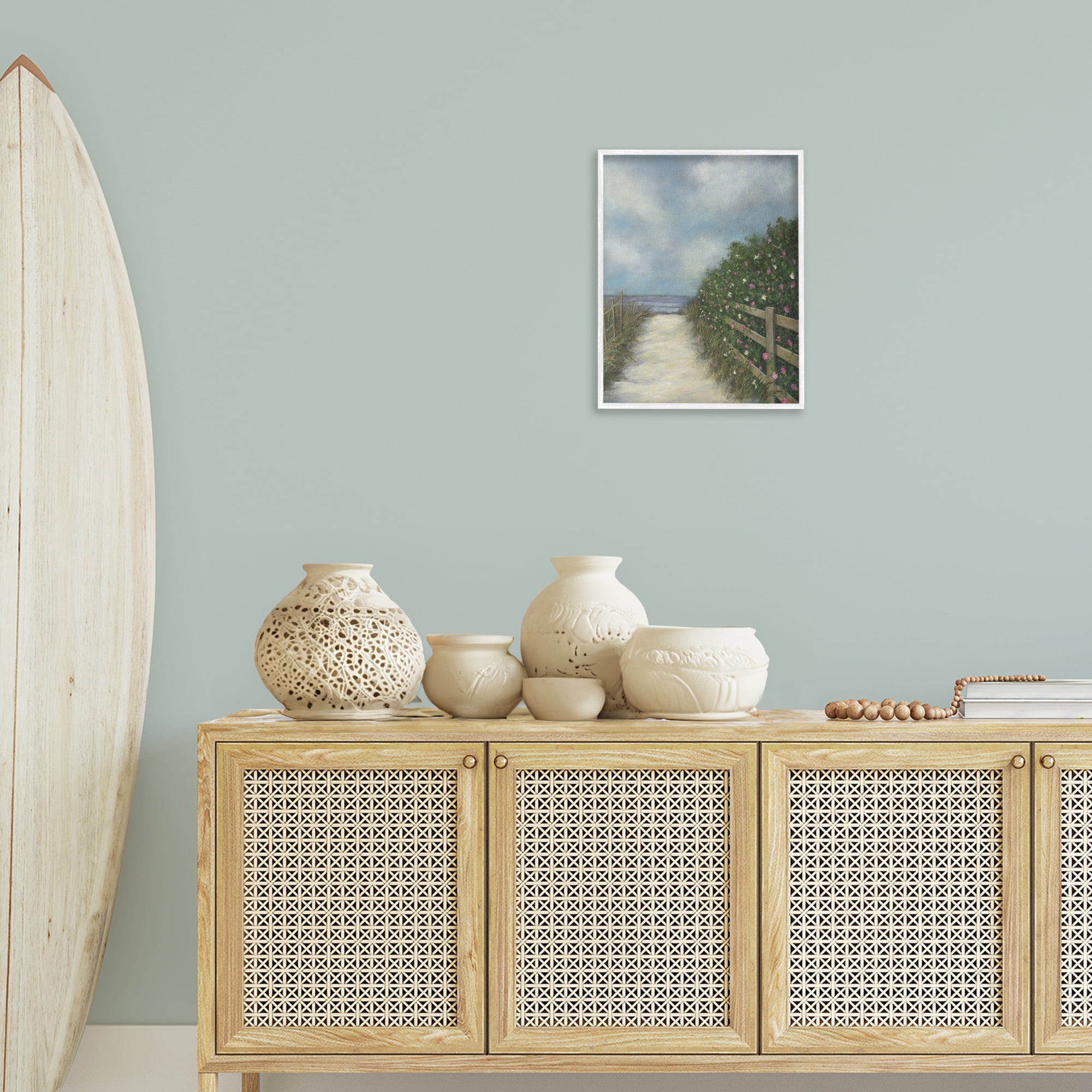 Stupell Industries Floral Lined Beach Path Landscape Painting White Framed Art Print Wall Art, 16 x 20