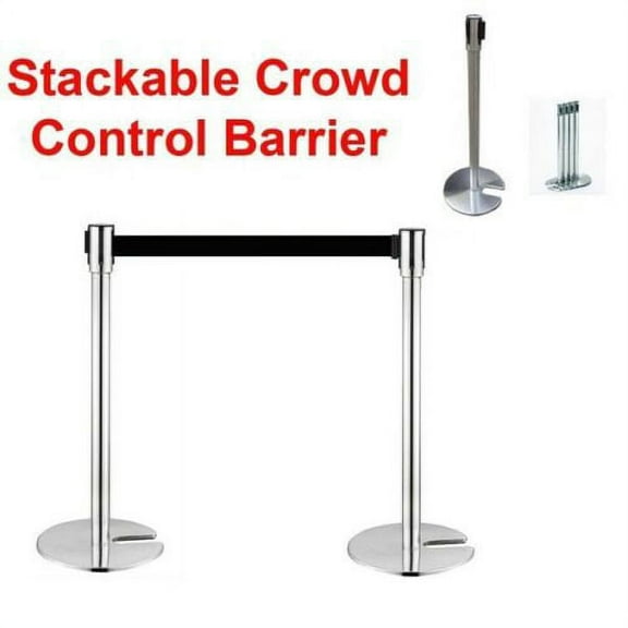 2 Crowd Control Stanchions Stand Queue Line Post Barrier Retractable Belt Black