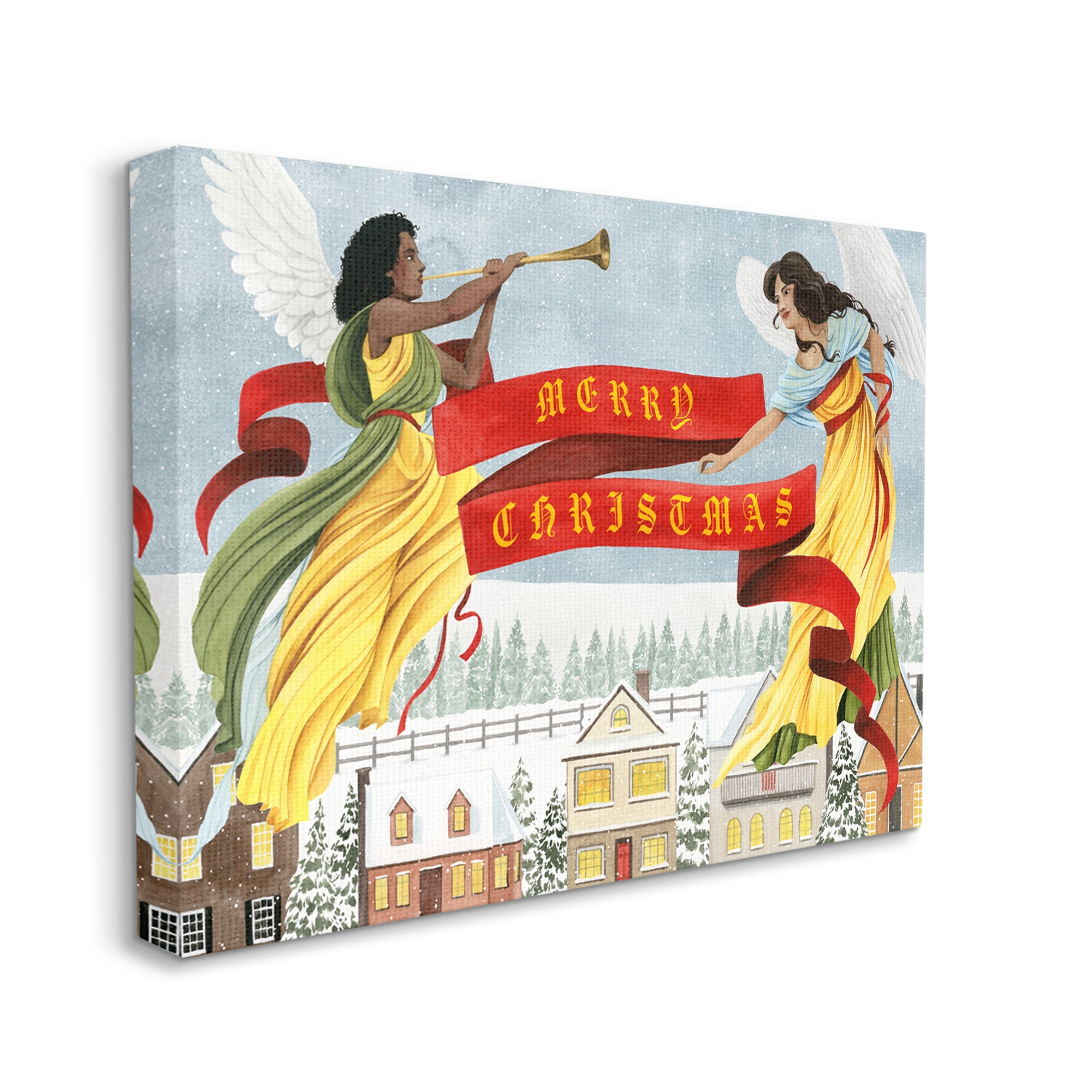Herald Angels Christmas Banner Above Wintery Town Inspirational Graphic Art Gallery-Wrapped Canvas Print Wall Art