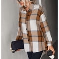 thumbnail image 4 of Camisa a cuadros para mujer, dobladillo alto y bajo, cuello vuelto, cárdigan clásico de manga larga para mujer, color caqui S, 4 of 8