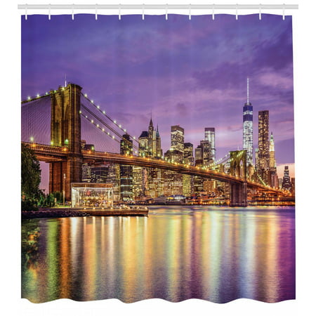 New York Shower Curtain, NYC Exquisite Skyline Manhattan Broadway Old Neighborhood Tourist Country Print, Fabric Bathroom Set with Hooks, Purple Yellow, by