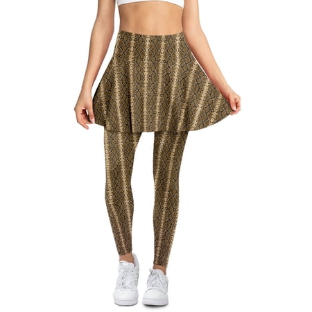 COEQINE Women Fashion Tennis Skirted Legging with Pockets Brown Snake Spot Print High Waist Skirts with Leggings for Women Comfy Elastic Golf Pickleball Skort Pants XS