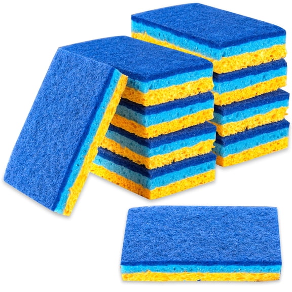 Style-Carry 12 Pack Blue 3 Layer Wood Pulp Kitchen Sponges, Non Scratch Scrub Sponges for Dishes Pots Household Cleaning