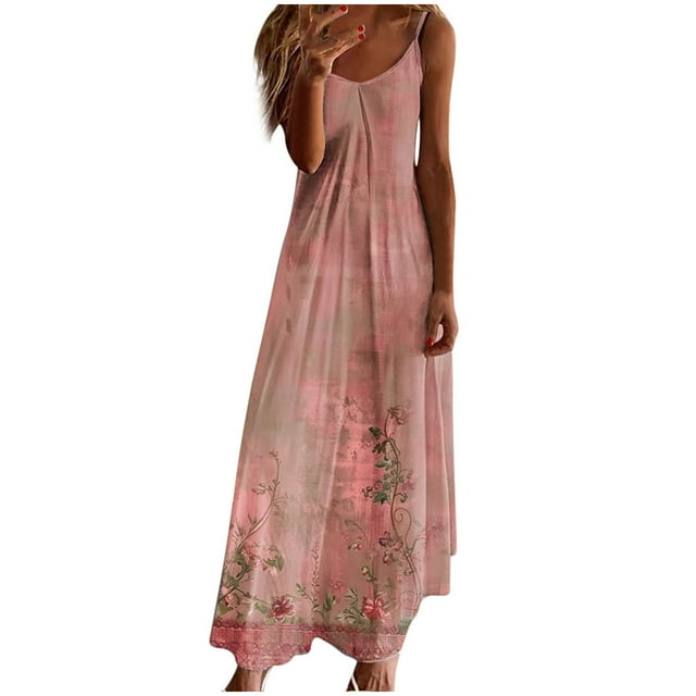 yoeyez Robes d'Invitée de Mariage pour Femmes 2025 à Bretelles Spaghetti Fleur Maxi Longue Robe Ample Sans Manches à Col en V Robes Soleil Couvre-Maillots de Plage Robes d'Été Décontractées Multicolore,TTG