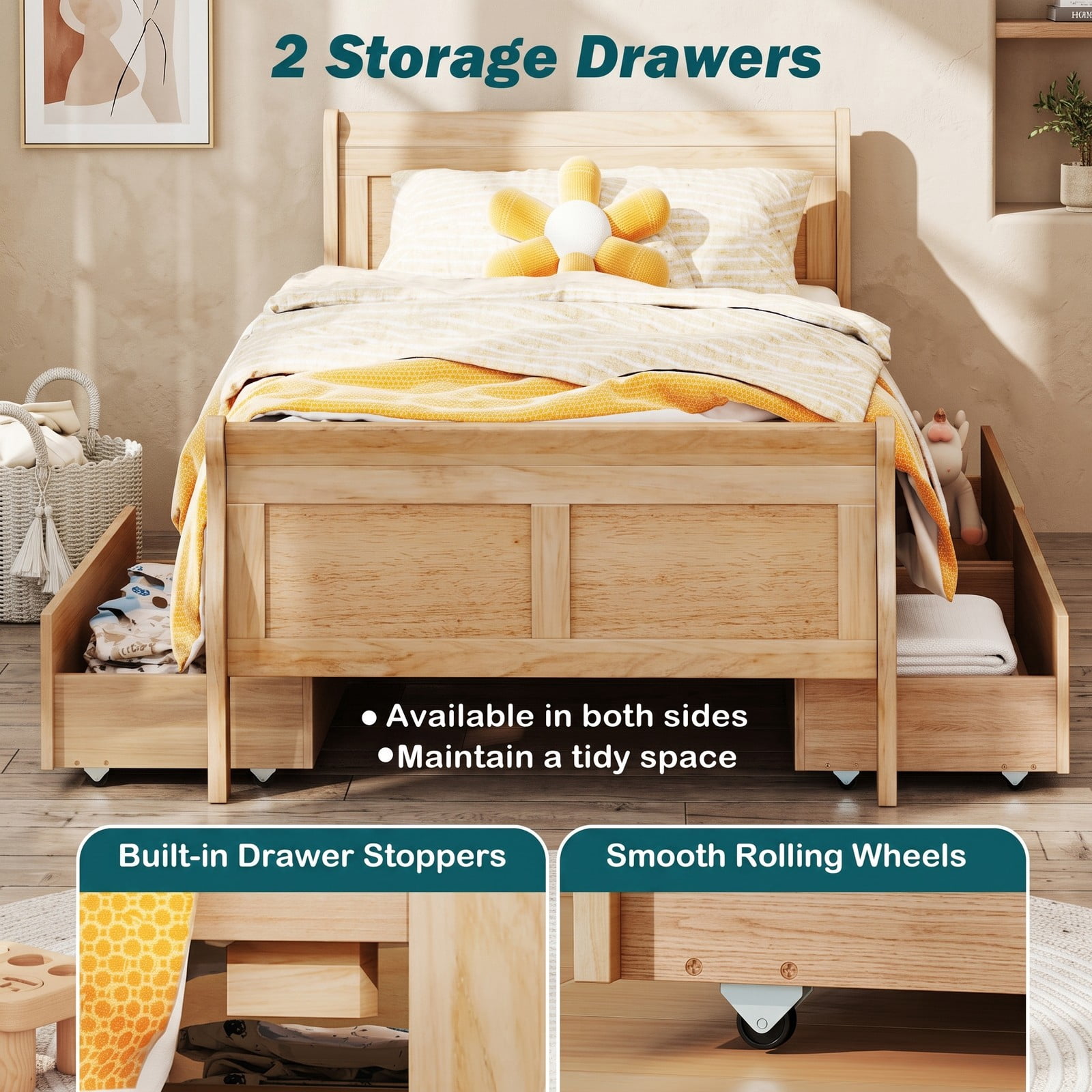Furnibear Twin Bed Frame with 2 Storage Drawers, Wood Sleigh Platform Bed Frame with Storage and Curved Headboard for Kids Room and Bedroom, Natural