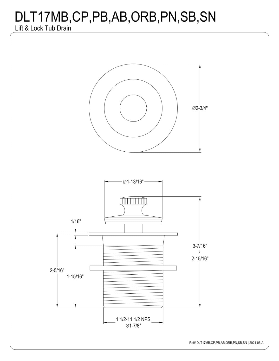 Kingston Brass DLT17ORB 1.5 in. Lift & Turn Tub Drain with 1.75 in. Body Thread, Oil Rubbed Bronze