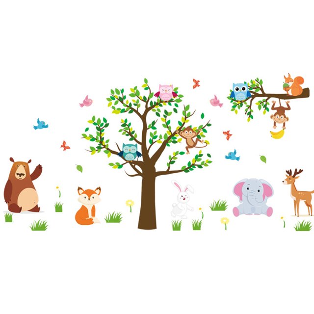 Decoración vibrante para la habitación del bebé: búhos de la jungla y calcomanías de árboles para la pared