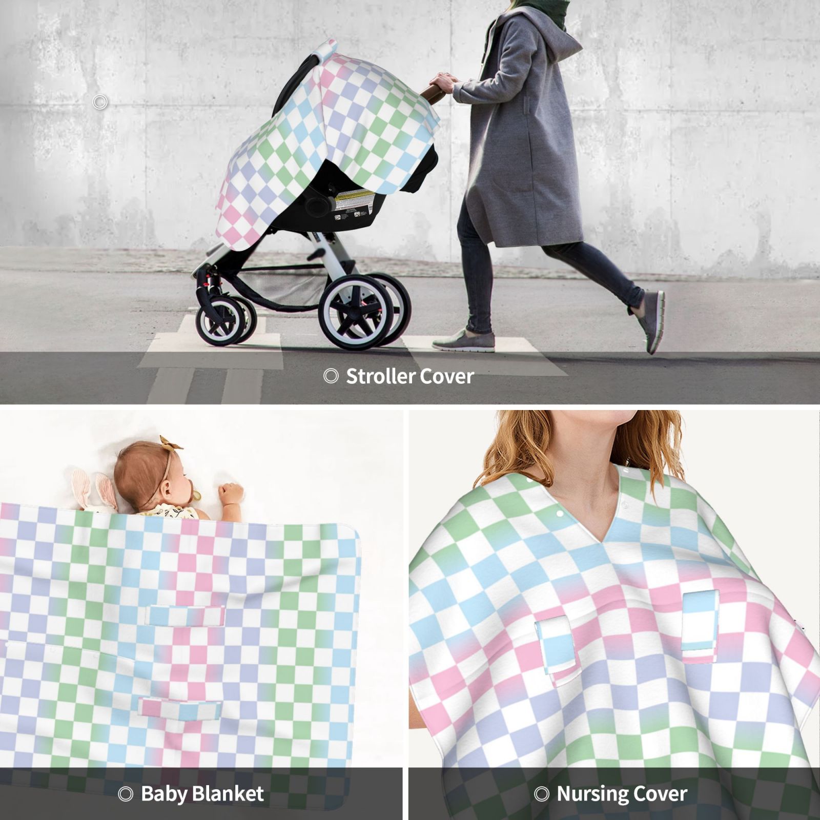 Car Seat Cover Baby - Colorful Checkerboard Breathable Infant Car Seat Cover for Baby Carseat, Lightweight Comfort Baby Essentials Must Haves Newborn Stuff for Girl Boy