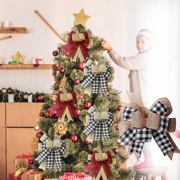 Corona navideña con lazo a cuadros, lazo navideño de poliéster blanco, 24 x 33 cm, ideal para decorar la punta del árbol o para bodas.