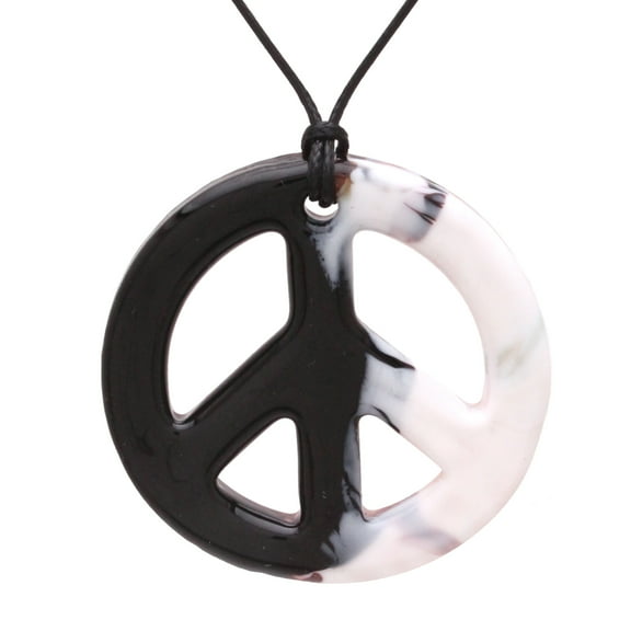 Besheek Murano Inspired Black, White & Gold Peace Sign Glass Necklace Pendant
