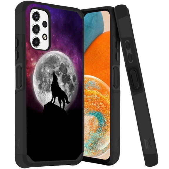 ANJ  Rugged Dual Layered Shockproof Slim Hybrid Case   Tempered Glass Cover Compatible with Samsung Galaxy A23 5G - Galaxy Moon Howling Wolf