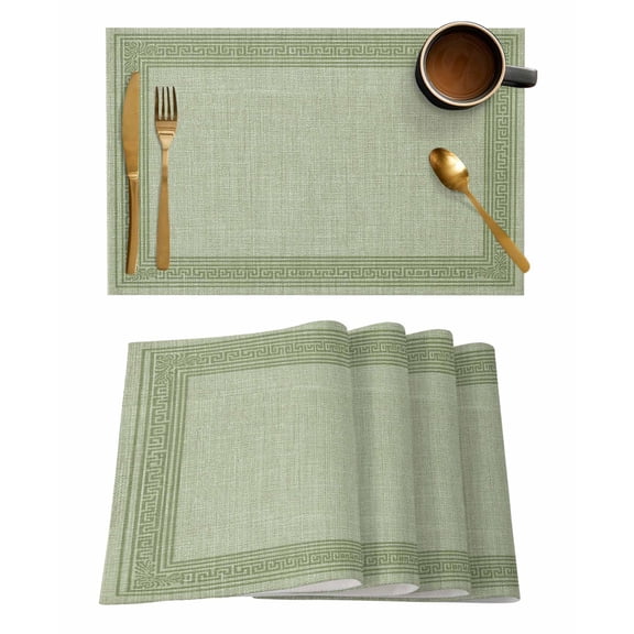 Placemats Set of 4, Cameo Green Retro Greek Key Woven Placemat, Linen Place Mats for Kitchen/Dining Tables, Geometric Greece Ancient Rustic Washable Table Mats for Party