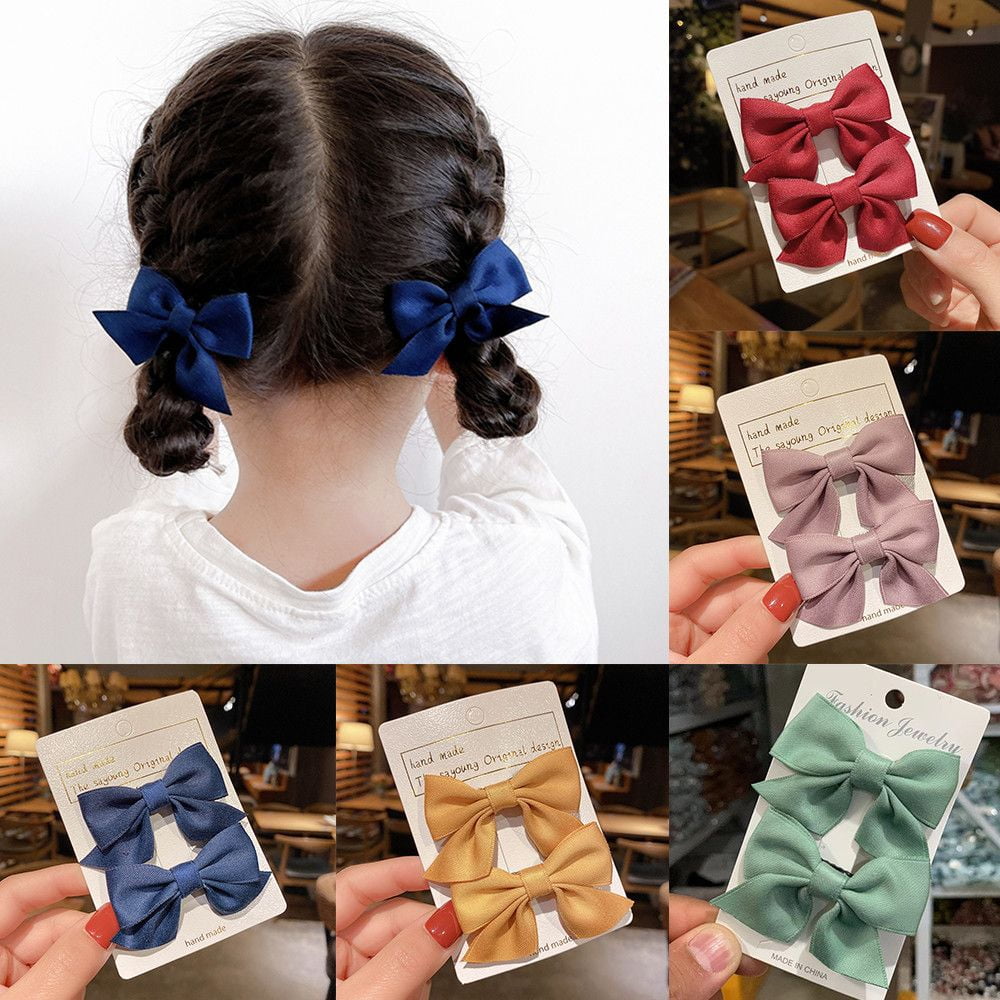 2Pcs Sweet Hair Accessories Solid Color Gifts Kids Hair Clips Bowknot Barrettes Bow Headgear Baby Hairpins GREEN