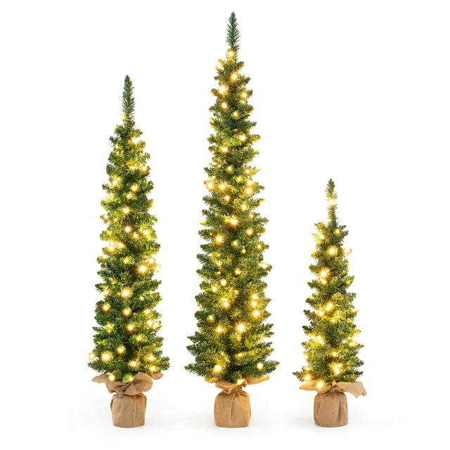 Gymax Set of 3 Pre-Lit Artificial Christmas Trees 3 PCS 3 4 5 FT Slim Pencil Xmas Tree