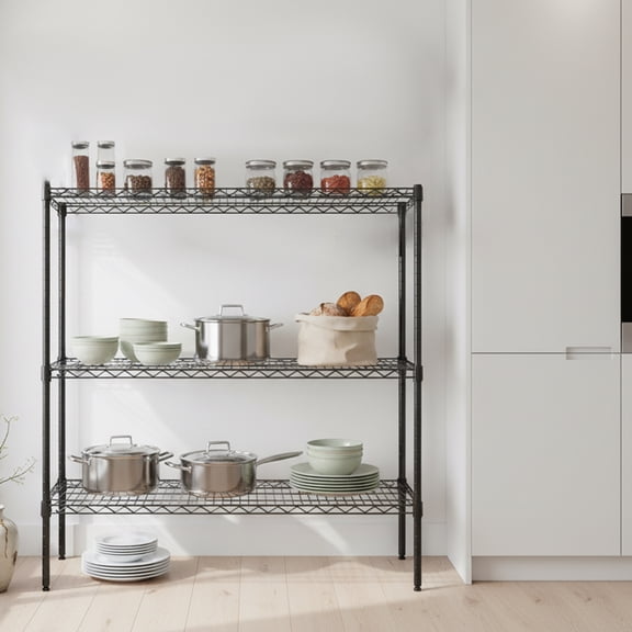 3 Tier Wire Shelving Unit, Heavy Duty Storage Rack, Adjustable Metal Shelves Set of 2, Expandable Garage Shelving, 1050 lbs Capacity, Black