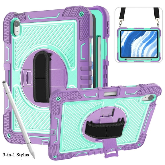 ELEHOLD Rugged Case For Apple iPad 11th(A16) 2025 With 3-in-1 Stylus Pens ,Three-Layer Hybrid 360° Rotating Kickstand Pencil Holder Handstrap Shoulder Strap Shockproof Case ,F