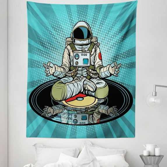 Astronaut Tapestry, Pattern of a Cosmonaut Doing Yoga with a Sunburst Effect on the Back, Fabric Wall Hanging Decor for Bedroom Living Room Dorm, 5 Sizes, Turquoise Multicolor, by Ambesonne