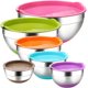 thumbnail image 1 of Cuencos para mezclar de acero inoxidable con tapas herméticas, 6 cuencos de metal anidados de base plana de silicona de colores, líneas de medición para suministros de cocina (coloridos), 1 of 7