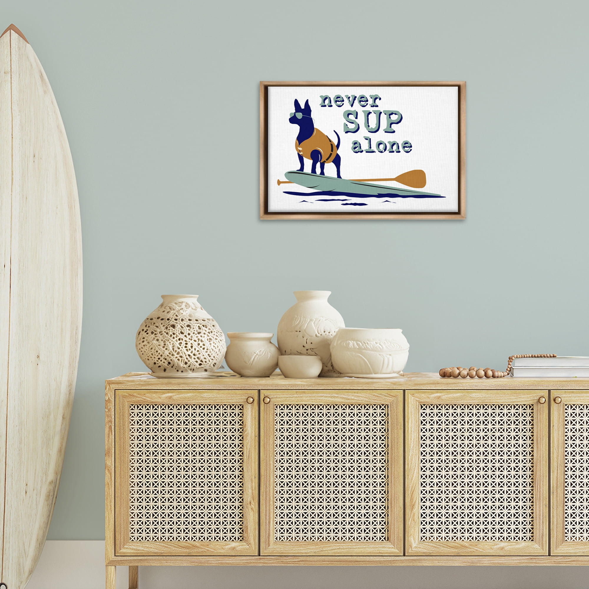 Stupell Industries Never Paddleboard Alone Dog Animals Painting Brown Floater Framed Canvas Art Print Wall Art, 25 x 17