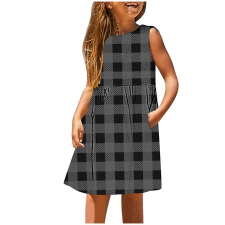

Lovskoo 3-14Y Kids Little Girls Plaid Sundress with Pockets Daily Holiday Vacation Print Sleeveless Casual Cute Sweet Dresses Gray