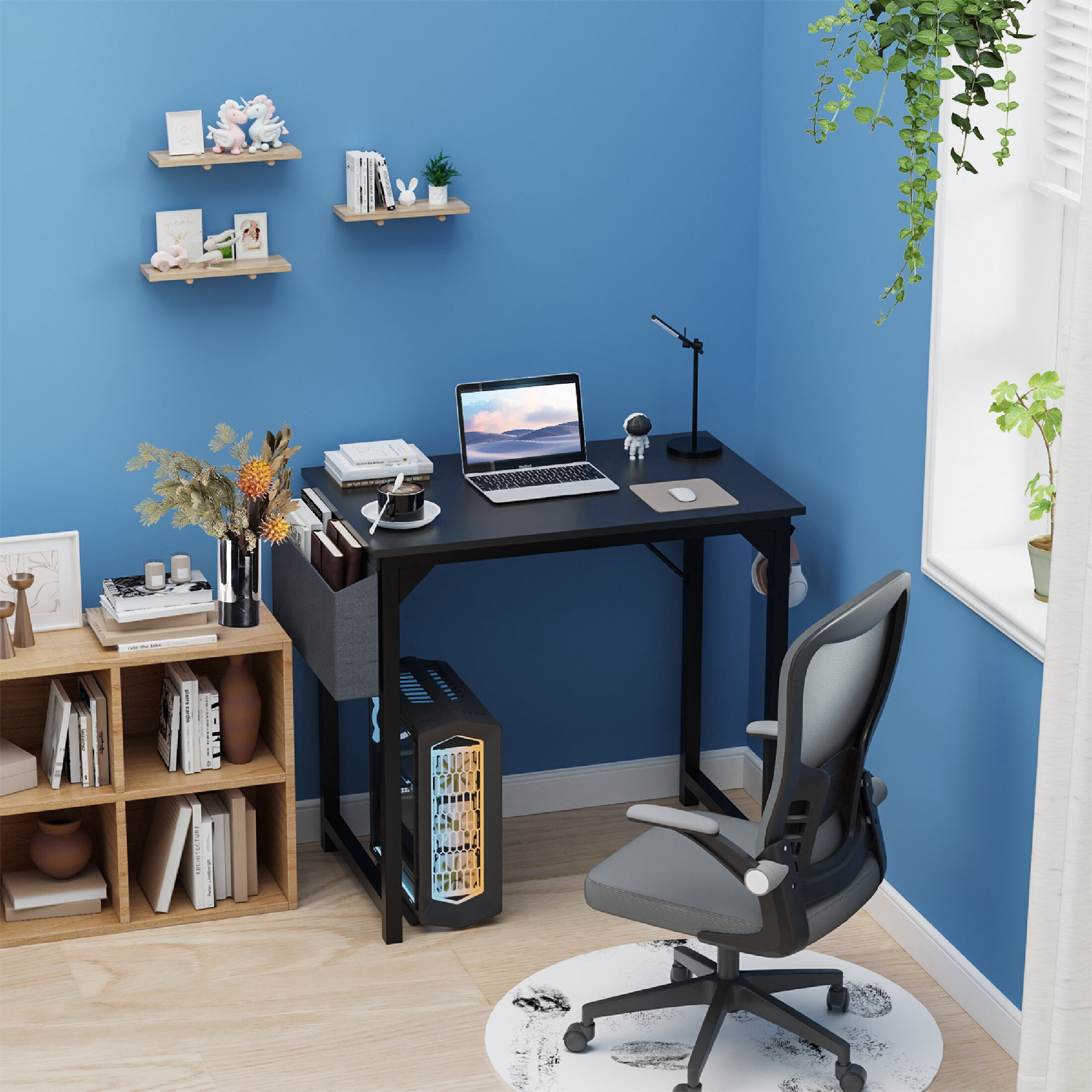 CONCETTA Computer Desk 31 Inch, Simple Farmhouse Table With Storage Bag & Headphone Hooks, Black