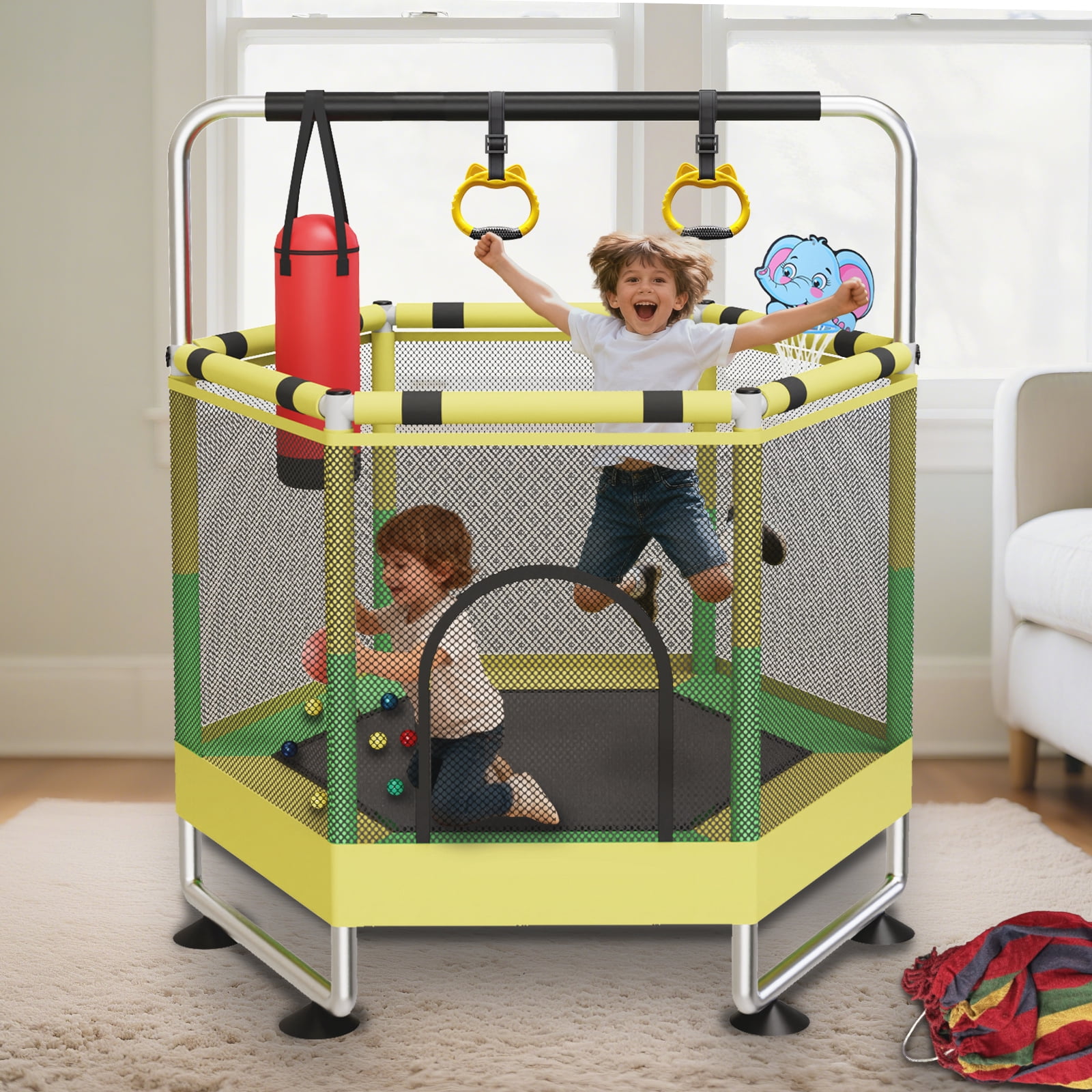 G TALECO GEAR Trampoline for Kids, Toddler Trampoline with Adjustable Gymnastics Bar & Toys, Indoor & Outdoor Hexagon Small  60'' Trampoline Gift for Boys & Girls,  400lbs, Yellow & Green
