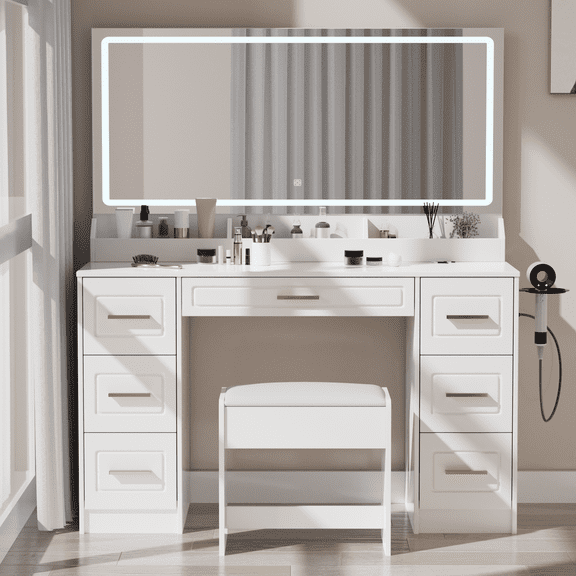 Homesfelx, Makeup Vanity Set with LED Mirror & Stool, P2 Engineered Wood / 43.3" x 25", White