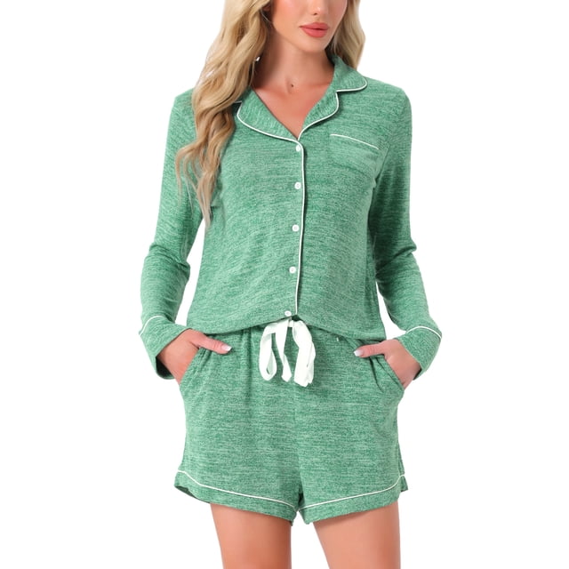 Conjuntos de lounge para mujeres INSPIRE CHIC, blusa de manga larga con cuello de muesca y botones, pantalones cortos, pijamas de 2 piezas con bolsillos, talla XL, color verde