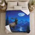 thumbnail image 5 of Elk by Moonlit Lake and Blue Mountains, Regal Rustic Style for Wildlife Lovers, Alpine Night Scene and Father's Day Gift, Warm Flannel Blanket for Cabin and Study Room, Home Decor, 5 of 9