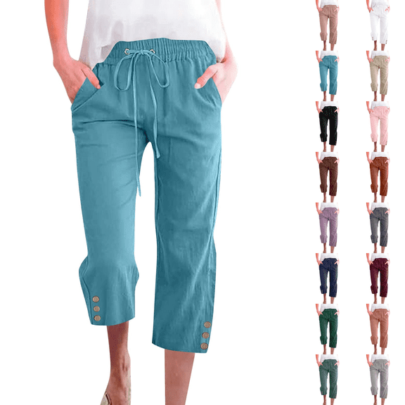 Cotton Linen Capris for Women Casual Summer Straight Wide Leg Loose Drawstring Elastic Waist Petite Pull On Pants for Women Blue 3XL