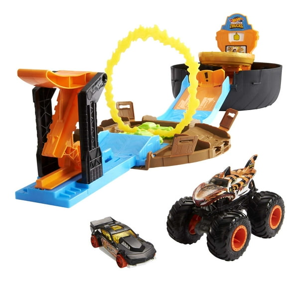 Hot Wheels Monster Trucks Stunt Tire Playset with 1:64 Scale Toy Car & Tiger Shark Truck