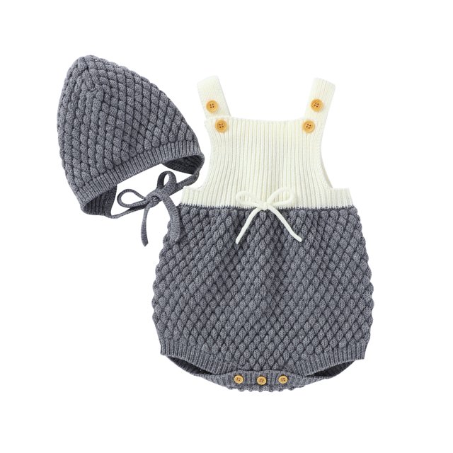 Fashionable Infant Knitted Romper Set, Baby Boys Girls Summer Autumn Simple Style Color Matching Sleeveless Suspender Jumpsuit + Solid Color Hat Kit