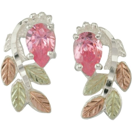 Black Hills Gold Pear-Shaped Pink CZ Sterling Silver 12kt Gold Leaf Accented Earrings