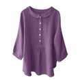 thumbnail image 2 of Ndbuld Women's Solid Color Doll Neck Button Cotton Linen 3/4 Sleeve Shirt Top Deal of The Week,Purple,S, 2 of 7