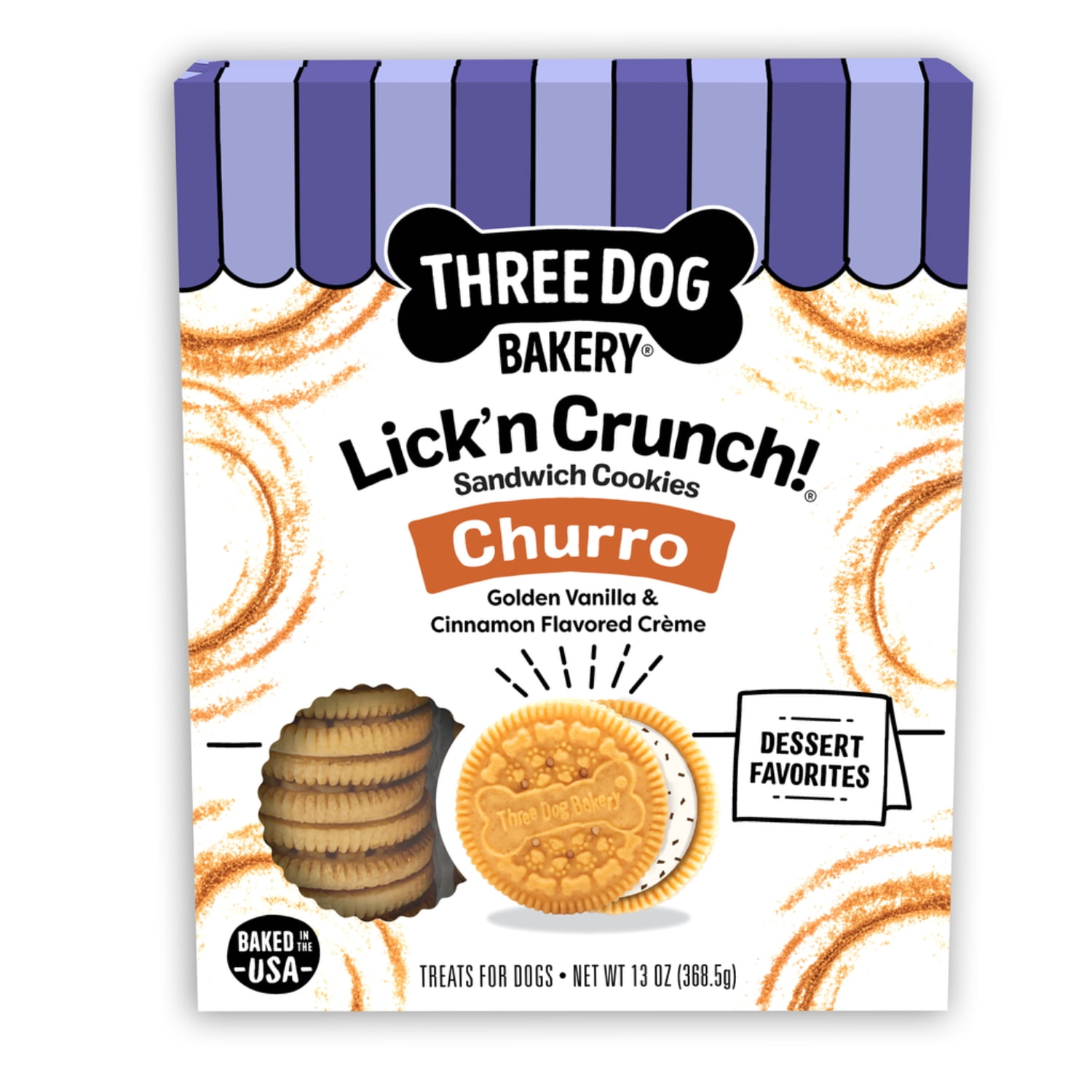 Three Dog Bakery Lick'n Crunch Dog Treat Sandwich Cookies, Churro, 13 oz