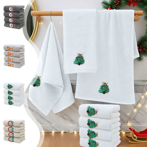Juego de 4 Toallas Bordadas con Motivos Navideños | Toallas de Algodón Beige para El Hogar, 78 X 34 Cm | Suaves y Resistentes | Ambiente Navideño