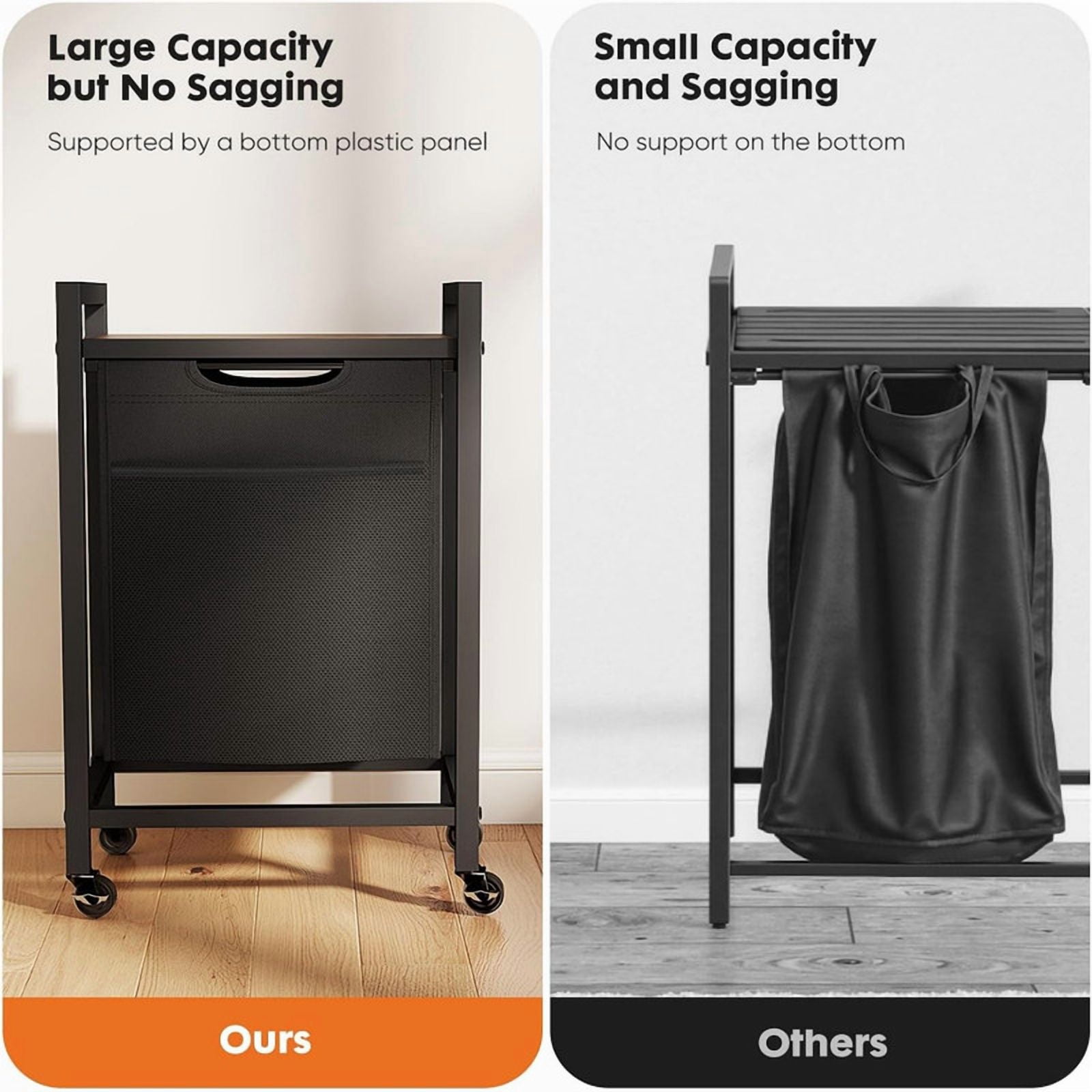 Kelno Laundry Sorter Rolling Laundry Basket with Removable Bag Lockable Wheels Top Shelf, Black