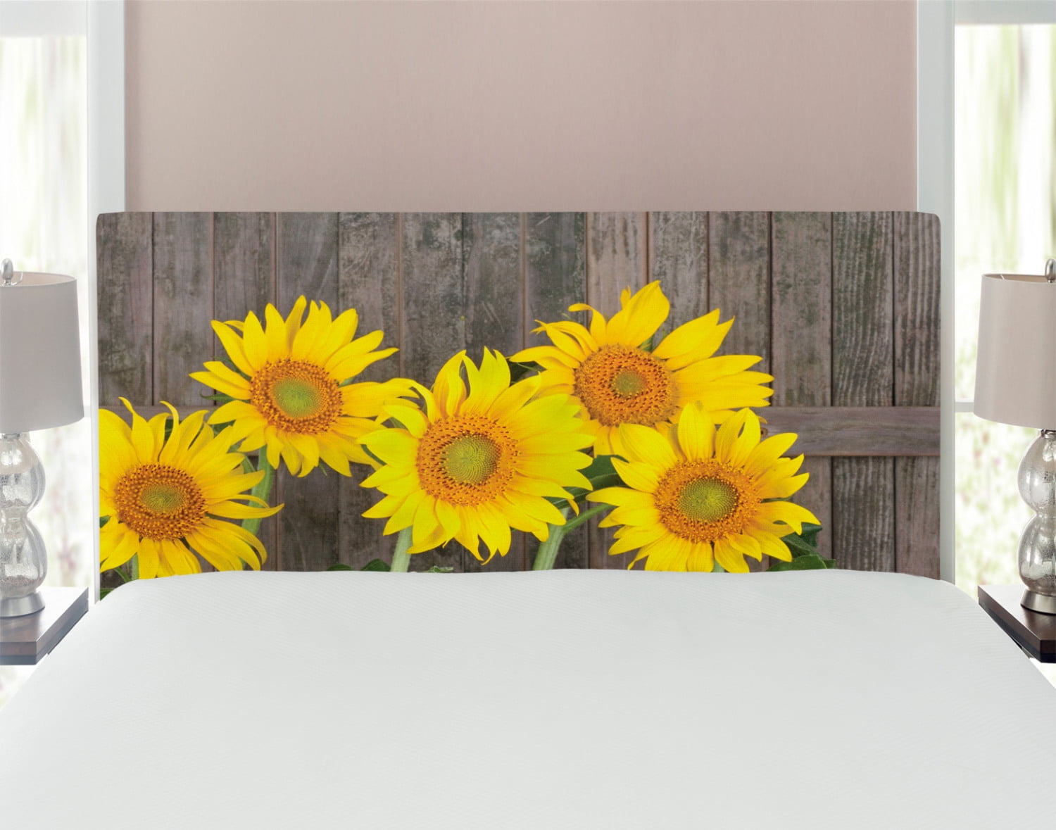 Sunflower Headboard, Helianthus Sunflowers Against Weathered Aged Fence