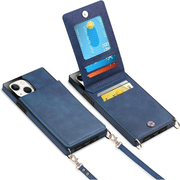For iPhone 13 Wallet Case with Credit Card Holder Lanyard Crossbody Strap Leather Magnetic Clasp Kickstand Heavy Duty Protective Flip Cover for iPhone 13 6.1 inch Navy