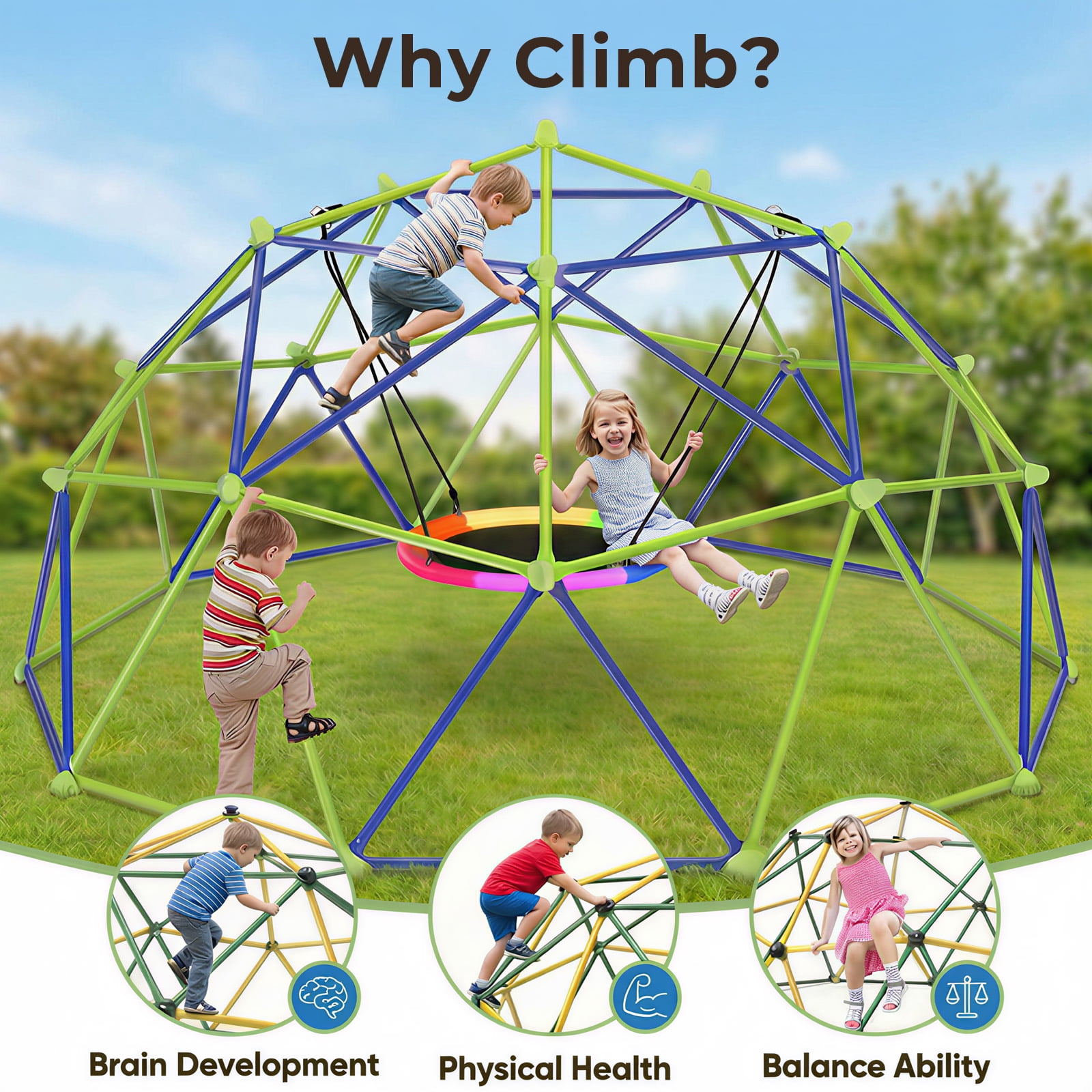 TABU 10FT Climbing Dome with Swing Set, Outdoor Jungle Gym for Kids, Supports up to 1000lbs, Rust-Resistant, Easy Asssembly