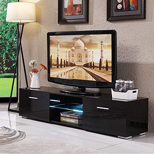 Mecor High Gloss TV Stand with LED Lights, LED TV Stand for 65 Inch TV, Modern Black TV Stand