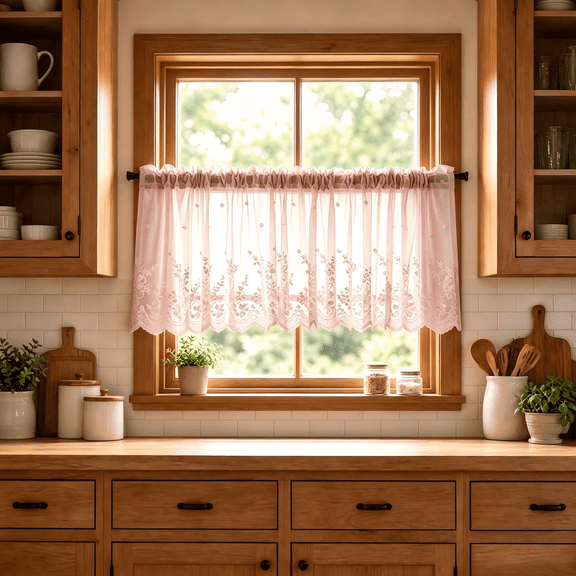 Boho Lace Small Window Curtain Valance Embroidered Solid Color Farmhouse Light Filtering Small Window Tier for Kitchen Living Room,1 Piece, 137X61cm