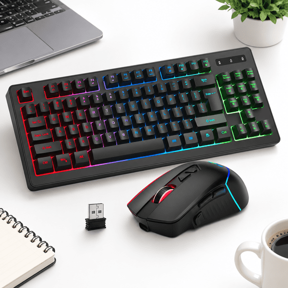 Black Wireless Gaming and Mouse Set with RGB Backlight for Laptop and PC
