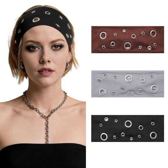 WOOMER Grommet Headbands 3 Pack Elastic Y2K Punk Wide Headband for Women